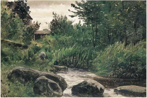 Pecheur Au Bord De La Riviere Oil Painting by Henri-Joseph Harpignies