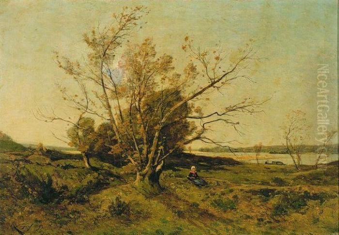 Woman At Rest Beneath A Tree Oil Painting by Henri-Joseph Harpignies