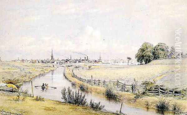 Jersey City with a Glimpse of New York From the Bergen Canal Oil Painting by William Rickarby Miller