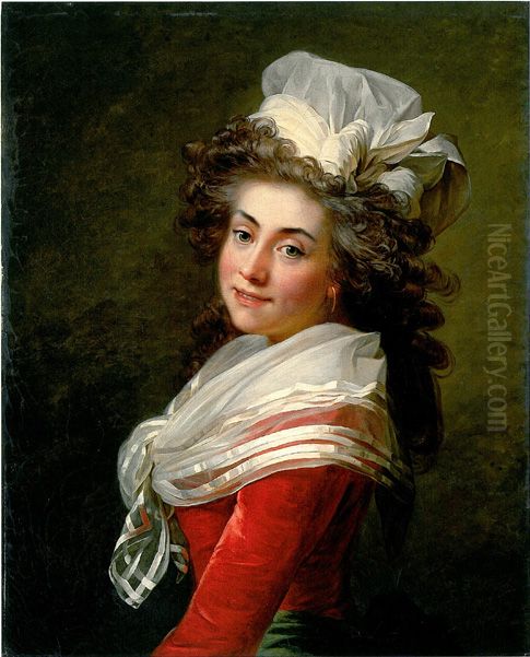 Portrait of the marquise de Grecourt, nee de la Fresnaye, in a red velvet dress with a white chiffon scarf Oil Painting by Jean-Laurent Mosnier