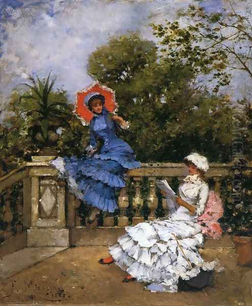 Two Ladies Conversing on a Terrace Oil Painting by Francisco Miralles Galup