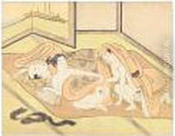 A Couple Making Love
Beneath The Bedclothes Whilst The Woman's Husband Sleeps Oil Painting by Suzuki Harunobu