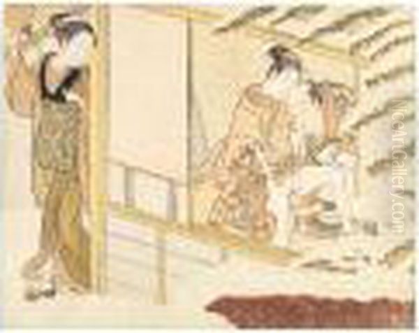 A Young Girl About To Throw A
Snowball At A Couple Making Love Oil Painting by Suzuki Harunobu