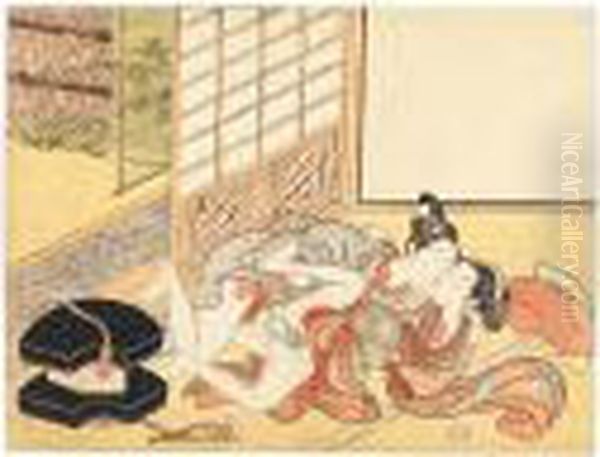 An Ogiuri (fan Vendor) Making Love To A Young Girl In Front Of A Shoji
Screen Oil Painting by Suzuki Harunobu