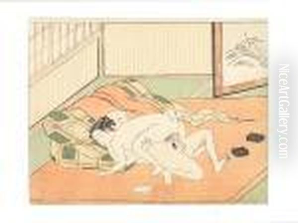 A Naked Couple Making
Love Beside A Folded Mattress Oil Painting by Suzuki Harunobu
