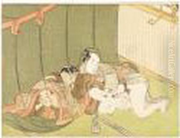 A Couple Making Love
Beneath A Mosquito Net Whilst The Woman's Husband Covers His Ears
From The Noise Of The Thunder Outside Oil Painting by Suzuki Harunobu