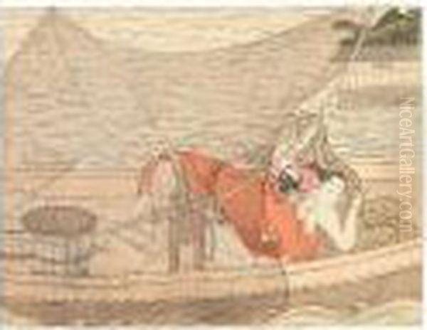 A Fisherman Making Love
To A Young Girl Beneath A Fishing Net Oil Painting by Suzuki Harunobu