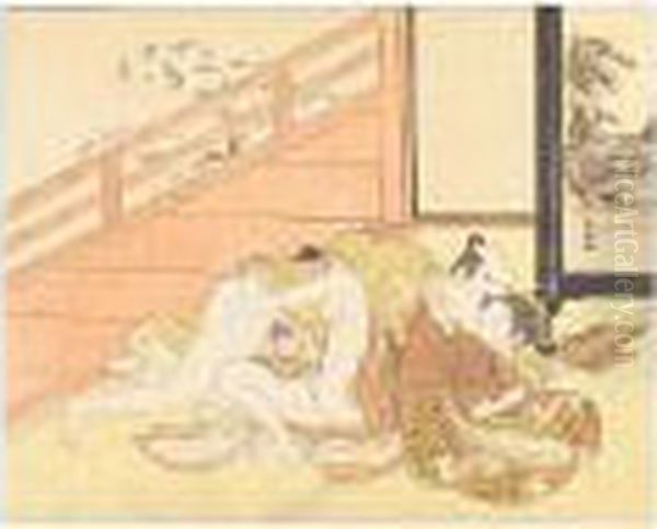 A Couple Making Love In
An Interior Opening To A Verandah, The Young Girl Trying To Thwart
The Advances Of The Man Seducing Her Oil Painting by Suzuki Harunobu