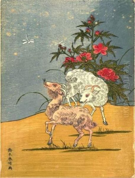 Deux Beliers Pres D'un Buisson De Pivoines Fleuries. Oil Painting by Suzuki Harunobu