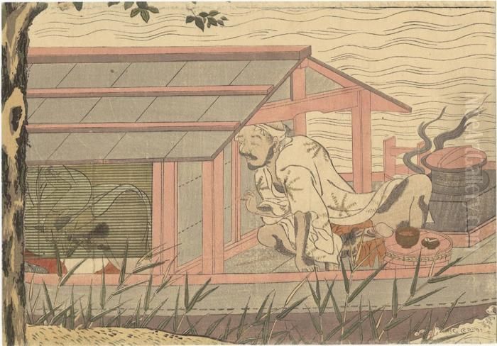 The First Of A Boatman Spying On A Couple Oil Painting by Suzuki Harunobu