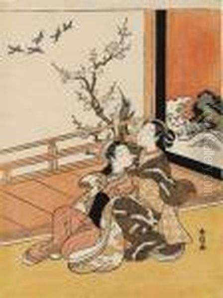 Two 
Bijin
 Looking At Birds From A Veranda, Signed 
Harunobu Ga
, Good Impression, Slight Fading And Light Creasing Oil Painting by Suzuki Harunobu