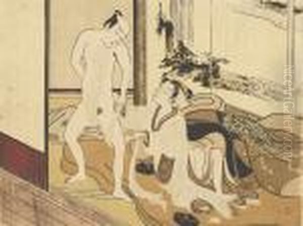 A Courtesan Assisting A Man With
 His Loin Cloth, Unsigned, Fine Impression, Gauffrage, Good Colour And 
Condition, Slight Wear To Right-hand Edge Oil Painting by Suzuki Harunobu