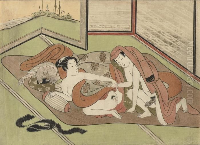 Circa 1768
 A 
Chuban
 Print Showing A Young Man, Being Invited By A Woman, An Older Lover 
Sleeps Under The Blankets, Very Good Impression, Good Colour And 
Condition, Slightly Faded, Some Minor Creases, A Restoration In The Top 
Left Corner Oil Painting by Suzuki Harunobu