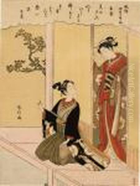 From The Series Fuzoku Shiki 
Kasen [popular Poets Of The Four Seasons], Standing Within The Open 
Shoji Of A House, A Girl Looks Down On Her Young Lover Who Is Kneeling 
On The Engawa Oil Painting by Suzuki Harunobu