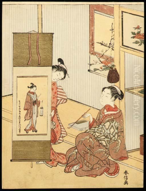 A Kamuro Showing A Hanging 
Scroll Of A Young Man Carrying A Lanternto A Smoking Courtesan Oil Painting by Suzuki Harunobu