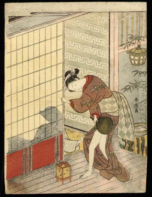 A Beauty On A Veranda Hiding Her
 Thighs With A Fan As A Man Seen Insilhouette In An Interior Pulls Her 
Skirt Oil Painting by Suzuki Harunobu