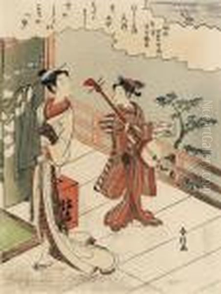 Chuban ; Uzuki, Ungai Kakko , 
From The Series Fuzoku Shiki Kasen, A Courtesanon A Veranda Turning Back
 To Watch A Cuckoo In Flight, Her Kamuronearby Holding A Shamisen And A 
Book, Signed Harunobu Ga--fineimpression, Good Color Though Slightly 
Fade Oil Painting by Suzuki Harunobu