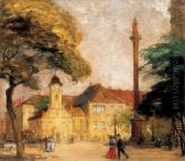 The Rokus Chapel In The Rakocsi 
Street With Mary Statue In The Turn In The Early 20th Century Oil Painting by Gyula Hary