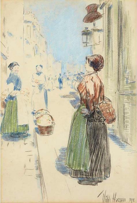 Street Vendors, Rue Des Martyrs Oil Painting by Childe Hassam