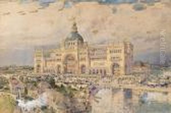 The Mackaye Spectatorium With Iowa Pavillion In Foreground, Columbian Exposition Oil Painting by Childe Hassam