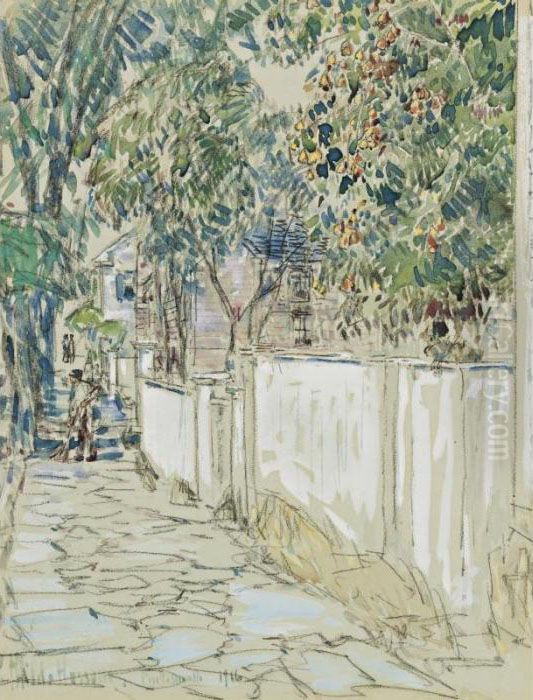 Flagstone Sidewalk Portsmouth New Hampshire Oil Painting by Childe Hassam