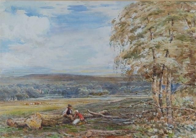 'shepherds Driving Their Flock In An Extensive Landscape With
Church In The Distance Oil Painting by Claude Hayes