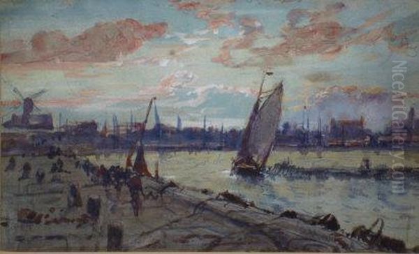A Sea Port With Boats And Figures On A Quayside Oil Painting by Edwin Hayes