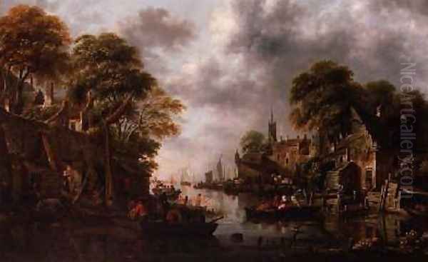 River Scene with Boats and Figures Oil Painting by Claes Molenaar (see Molenaer)