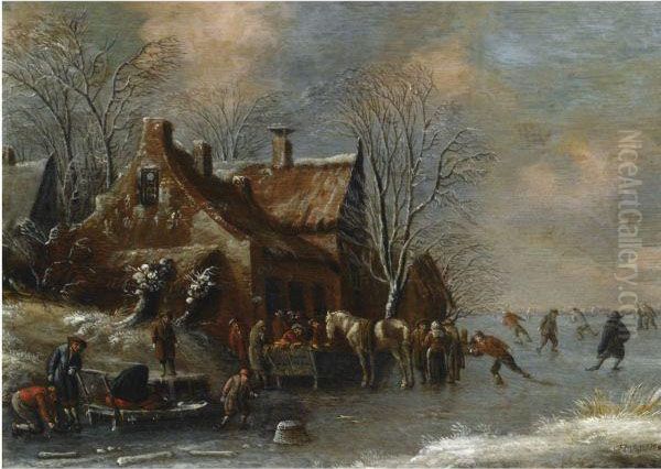 A Winter Landscape With Figures 
Skating On A Frozen River,others Conversing And Feeding A Horse Outside A
 Village Oil Painting by Thomas Heeremans
