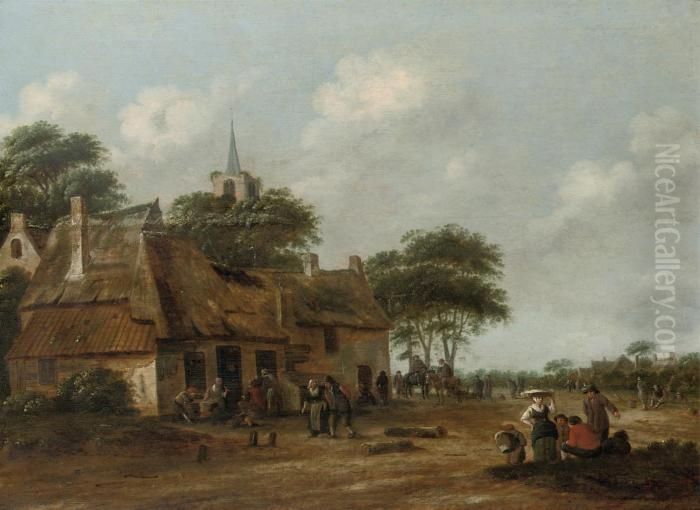 A Village Street With Figures Oil Painting by Thomas Heeremans
