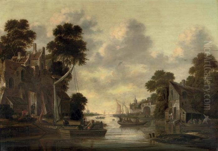 A River Landscape With Fishermen And Their Boats By A Village Oil Painting by Thomas Heeremans