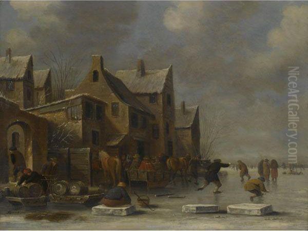 A Winter Landscape With A 
Resting Kolf Player And Other Figures Skating On A Frozen River Oil Painting by Thomas Heeremans