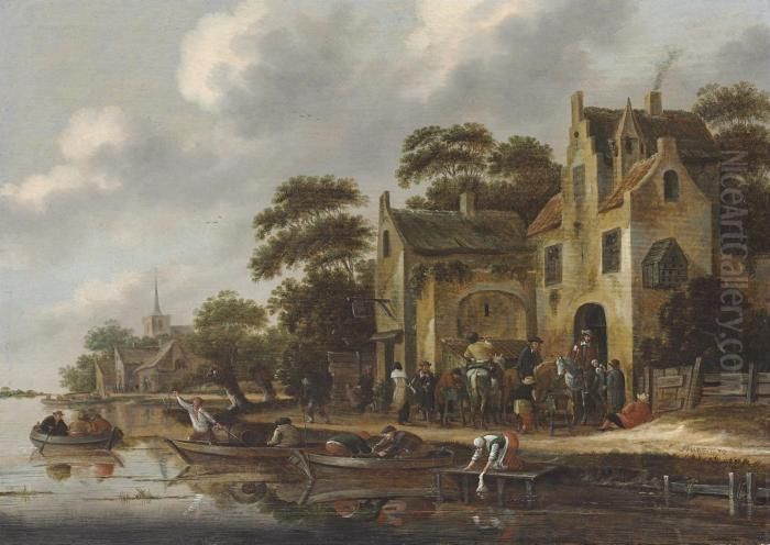 The Bank Of A River, With 
Figures In Rowboats And Travelers Outsidean Inn, A Church Beyond Oil Painting by Thomas Heeremans