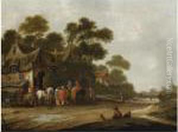 Travellers Resting With Their 
Horses In Front Of A Tavern In Avillage Street, A View Of A Church 
Beyond Oil Painting by Thomas Heeremans