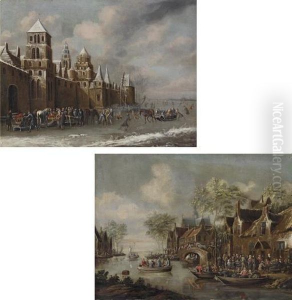 Winter: Figures Skating On A 
Frozen River By A Castle, A Town Beyond; And Spring: Figures Playing 
'drawing The Eel' On A River With Other Figures Smoking And Drinking 
Outside An Inn Oil Painting by Thomas Heeremans