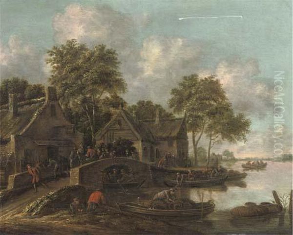 A River Landscape With Fishermen
 Bringing In Their Catch And Villagers Conversing On A Bridge Oil Painting by Thomas Heeremans