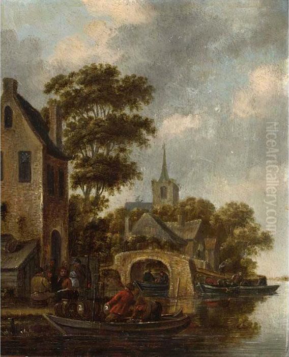 A Village On The Riverside With Merchants Unloading Their Ware Oil Painting by Thomas Heeremans