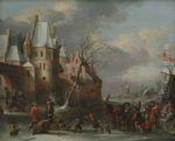 Interlandscape With Figures On The Ice Oil Painting by Thomas Heeremans