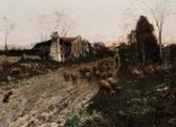 Abendliche Moorlandschaft
 Mit Schafherde Oil Painting by Karl Heffner