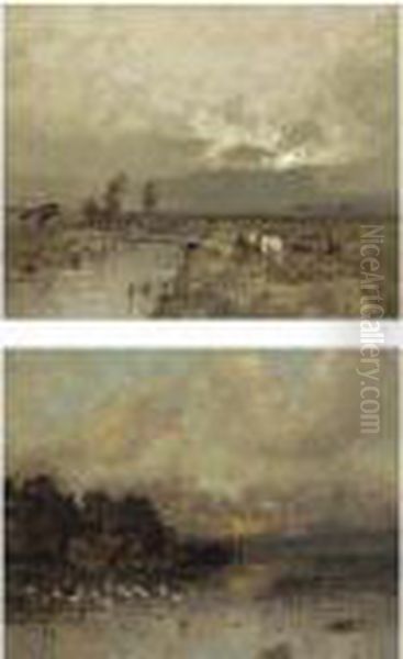 Horse And Cart In A River Landscape; Cottage With Geese At Sunset Oil Painting by Karl Heffner