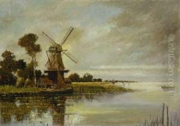 Hollandische Landschaft Mit
 Windmuhle. Oil Painting by Karl Heffner