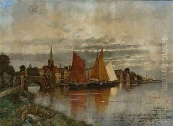 Fischerboote Im Hafen Einer
 Niederlandischen Stadt. Oil Painting by Karl Heffner