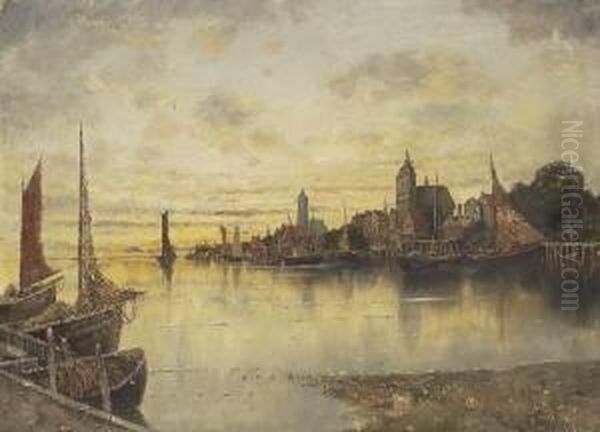 Blick Auf Eine Hafenstadt An Der
 Ostsee. Oil Painting by Karl Heffner