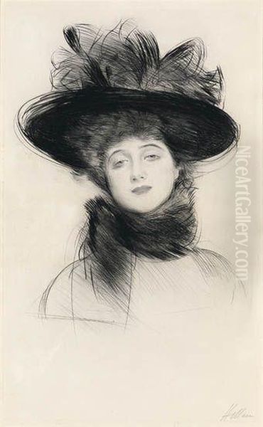 Femme Au Grande Chapeau 
Drpoint Oil Painting by Paul Cesar Helleu