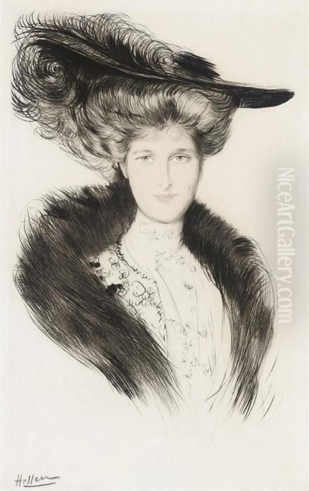 Portrait De Jeune Elegante Au Chapeau Et Au Col De Fourrure Oil Painting by Paul Cesar Helleu