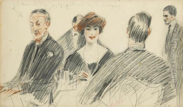 Le The Avec Le Ministre Des 
Postes [, Teatime With The Minister For Post Services; Black Chalk, 
Charcoal And Red Chalk, Signed.] Oil Painting by Paul Cesar Helleu