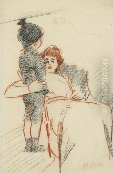Madame Helleu Et Son Fils Jean. 
[paul Cesar Helleu, Mrs Helleu And Her Son Jean; Charcoal And Red Chalk,
 Signed.] Oil Painting by Paul Cesar Helleu