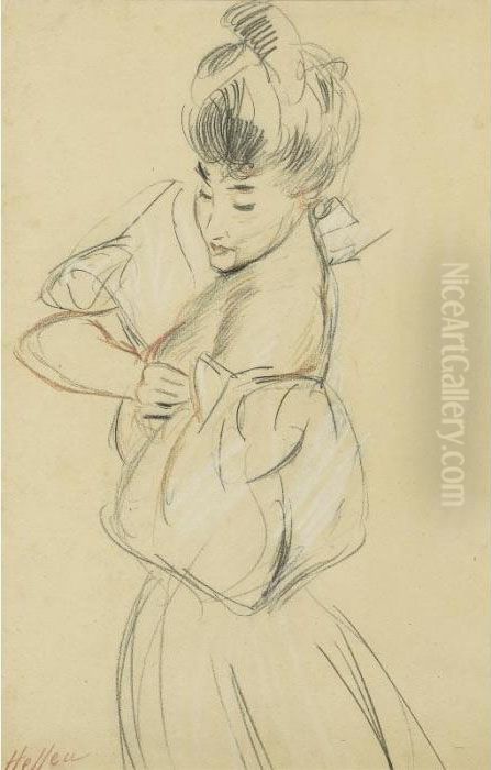 Femme De Profil Arrangeant Sa 
Manche [, A Woman Side View Arranging Her Sleeve; Red, Blak And White 
Chalk, Signed] Oil Painting by Paul Cesar Helleu