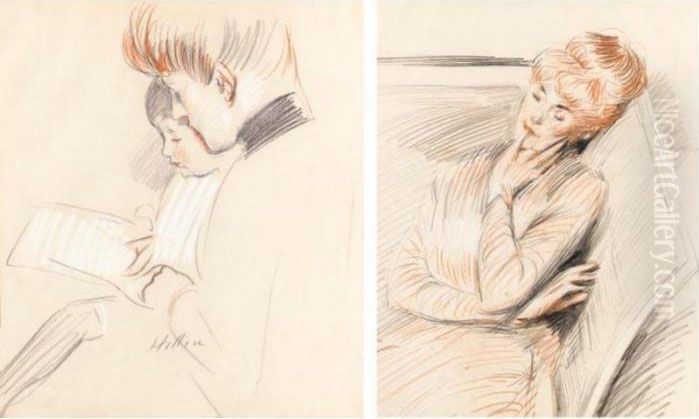 Femme Lisant Avec Son Enfant; Femme Dormant (a Pair) Oil Painting by Paul Cesar Helleu