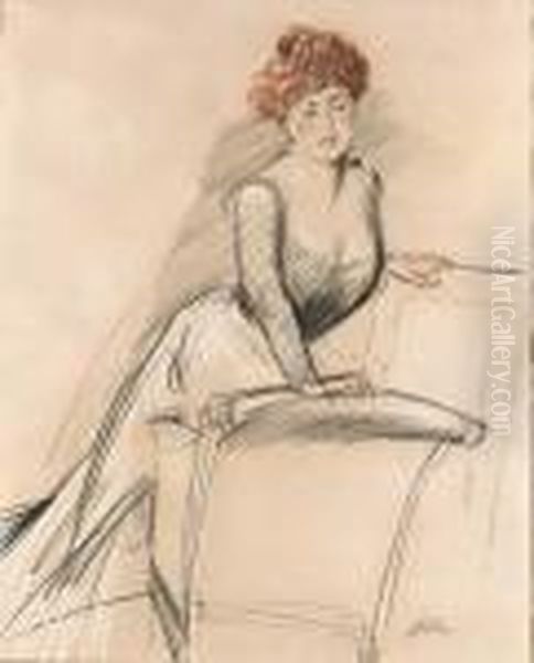 An Elegant Lady In An Interior Oil Painting by Paul Cesar Helleu